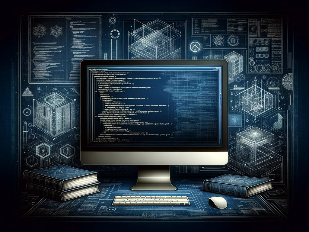 A sophisticated digital workspace with a monitor displaying code, surrounded by blueprints and architectural designs.
