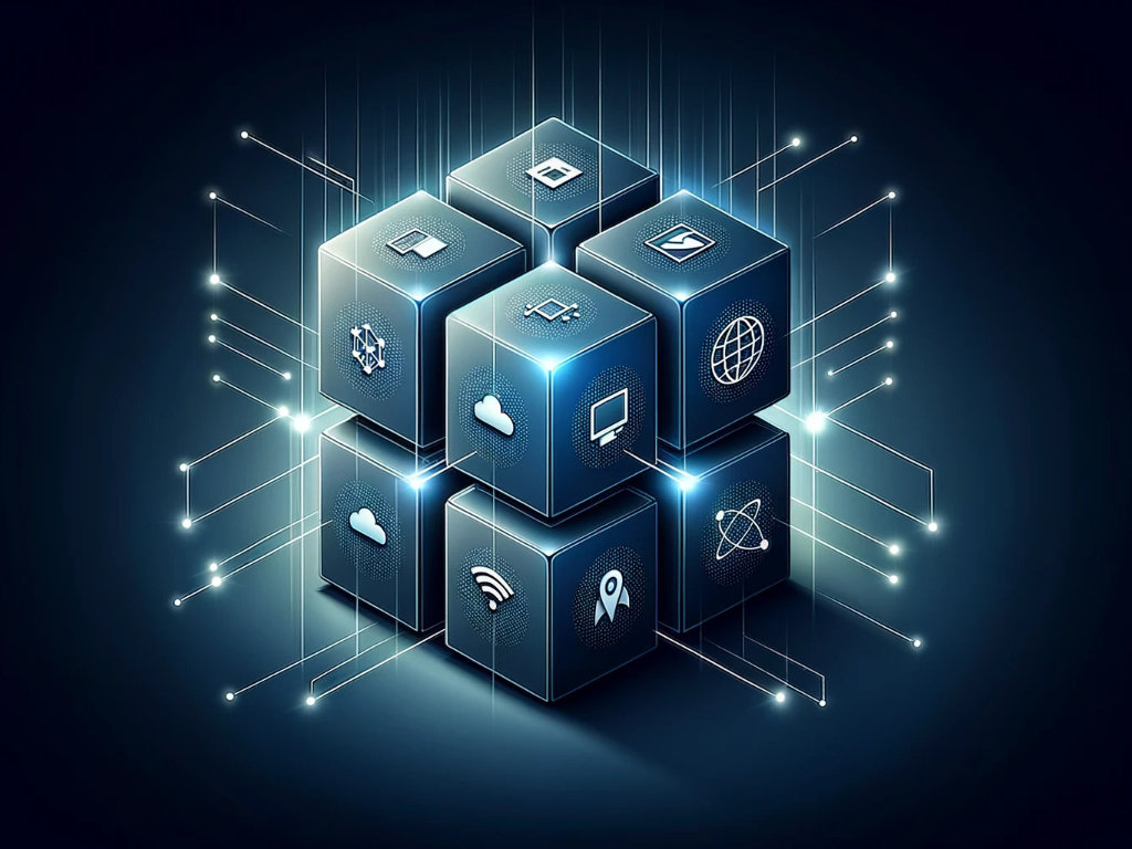 A 3D cube design, with each face representing a different software platform, interconnected by beams of light